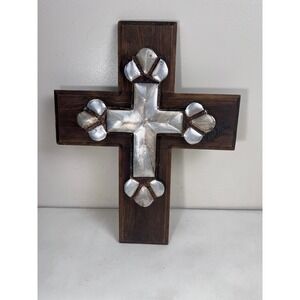 Wood Wall Cross Silver Accent‎ Religious Decor Rustic Home Altar Art